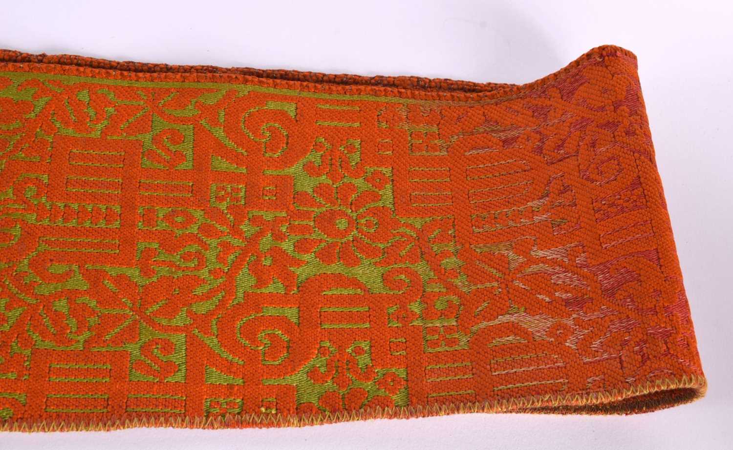 A 19TH CENTURY TURKISH ORANGE AND RED SILK EMBROIDERED BELT decorated with gold motifs. 280 cm - Image 5 of 8