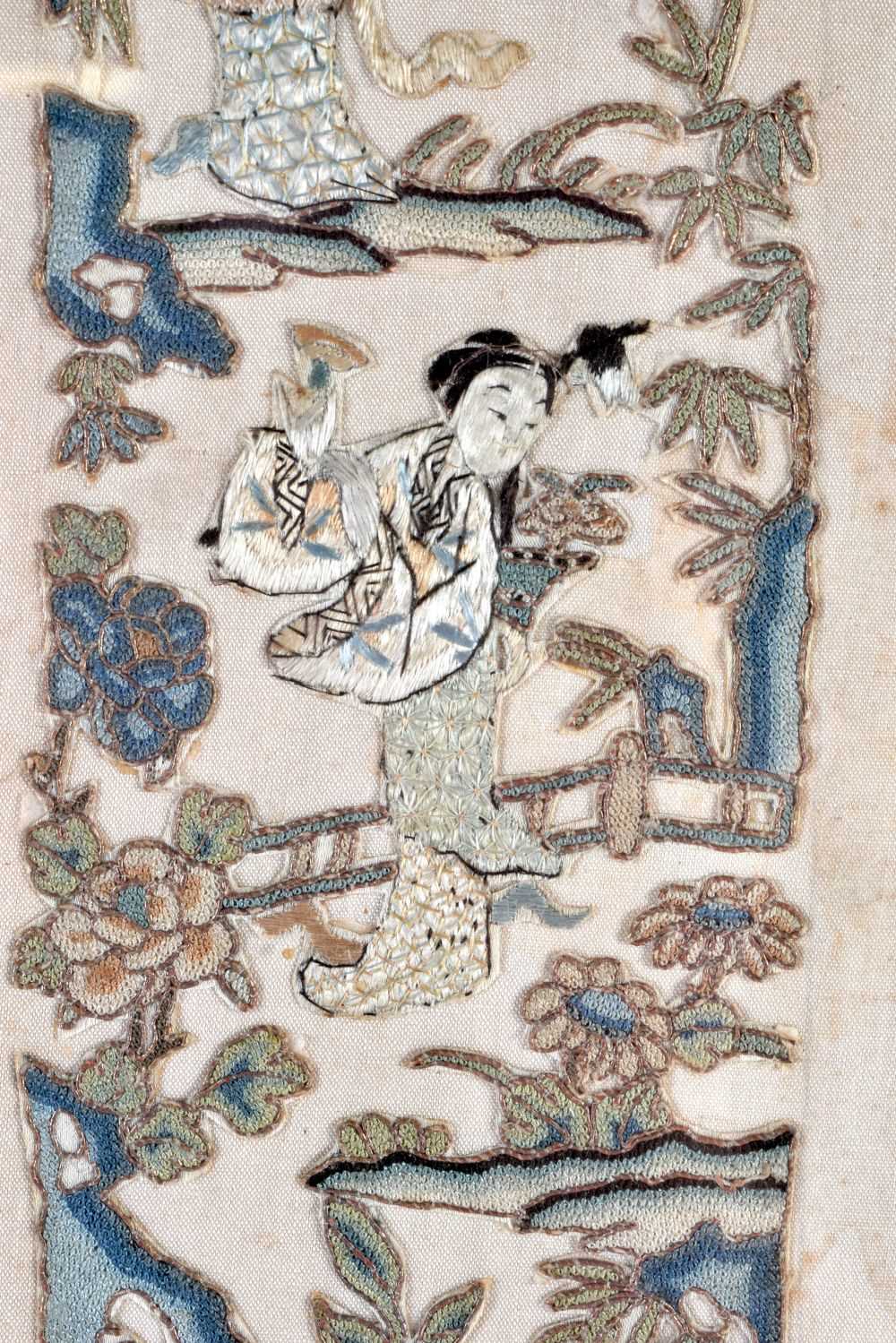 TWO 19TH CENTURY CHINESE SILK EMBROIDERED PANELS depicting birds and figures. Largest 50 cm x 10 cm. - Image 3 of 6