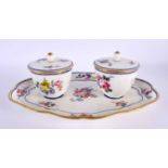 Sevres tray with two pots and covers painted with flowers and two blue lines. 24.5cm wide