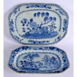 TWO 18TH CENTURY CHINESE BLUE AND WHITE EXPORT DISHES Qianlong. Largest 32 cm x 24 cm. (2)