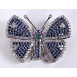 A GOLD BACKED SILVER DIAMOND AND SAPPHIRE BUTTERFLY BROOCH. 7.3 grams. 2.5 cm x 3.5 cm.