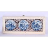 A SET OF THREE 18TH CENTURY DUTCH DELFT MANGANESE BLUE AND WHITE TILES. 42 cm x 15 cm.