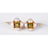 A PAIR OF VICTORIAN 15CT GOLD PEARL AND PERIDOT EARRINGS. 4.8 grams. 1.75 cm wide.