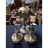 A FRENCH EMPIRE LAMP with wall lamps. Largest 58 cm high. (3)
