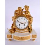 A LARGE 19TH CENTURY FRENCH GILT BRONZE AND WHITE MARBLE MANTEL CLOCK formed as a female and