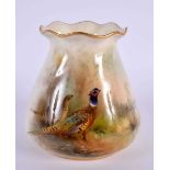 Royal Worcester pie crust rimmed vase painted with a brace of pheasants by Jas. Stintonn, signed,