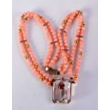 AN ART DECO CORAL AND YELLOW METAL ROCK CRYSTAL NECKLACE. 64.5 grams. 48 cm long.