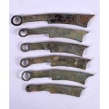 SIX CHINESE ARCHAIC BRONZE KNIVES 20th Century. 14 cm long. (6)