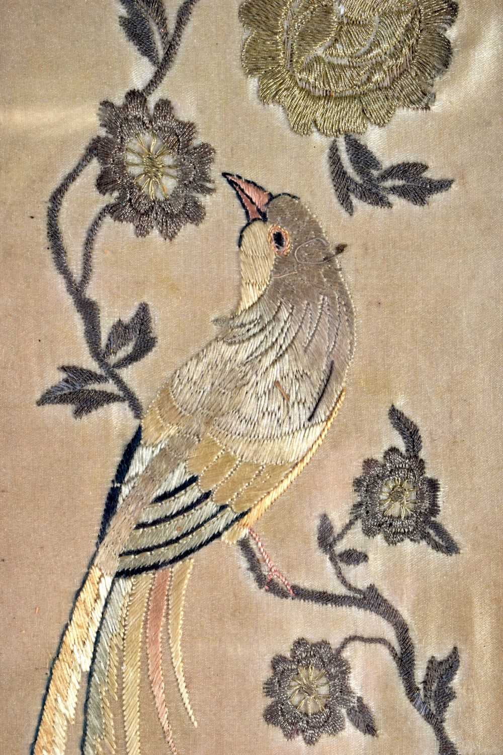 TWO 19TH CENTURY CHINESE SILK EMBROIDERED PANELS depicting birds and figures. Largest 50 cm x 10 cm. - Image 4 of 6