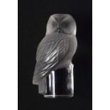 A LALIQUE GLASS OWL. 9 cm x 4.5 cm.