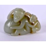 A CHINESE CARVED GREEN JADE FIGURE OF MONKEYS 20th Century. 5 cm x 3.5 cm.