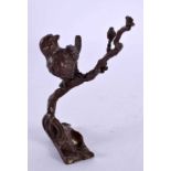 A JAPANESE BRONZE BIRD IN TREE OKIMONO. 11 cm x 6 cm.