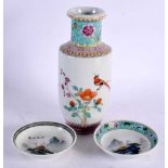 A CHINESE REPUBLICAN PERIOD FAMILLE ROSE ROULEAU VASE together with two pin dishes. Largest 19 cm