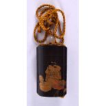A 19TH CENTURY JAPANESE MEIJI PERIOD GOLD LACQUERED INRO decorated with figures bathing. 7.5 cm x
