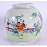 A CHINESE DOUCAI PORCELAIN BRUSH WASHER 20th Century, painted with figures in landscapes. 9 cm x 8