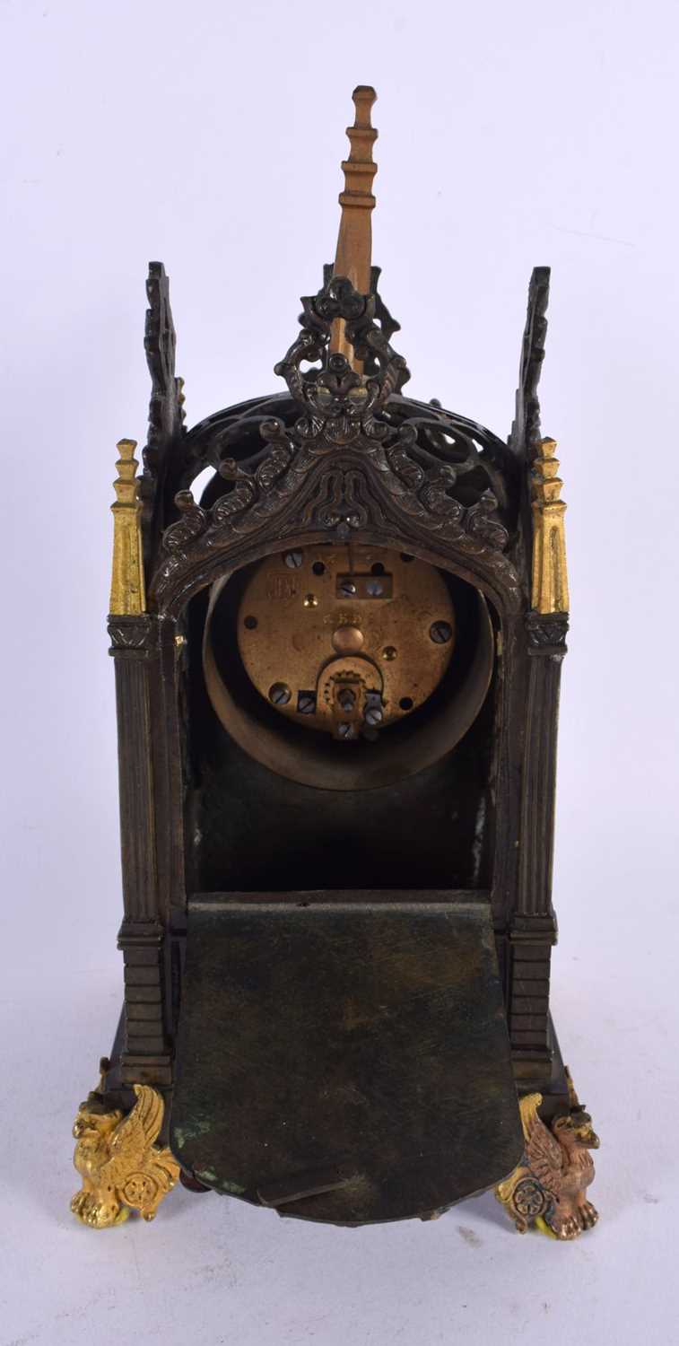 A LATE 19TH CENTURY FRENCH GOTHIC REVIVAL BRONZE LANTERN CLOCK of architectural form. 27 cm x 10 - Image 3 of 4