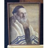 A framed watercolour of a Rabbi. 39 x 28cm.