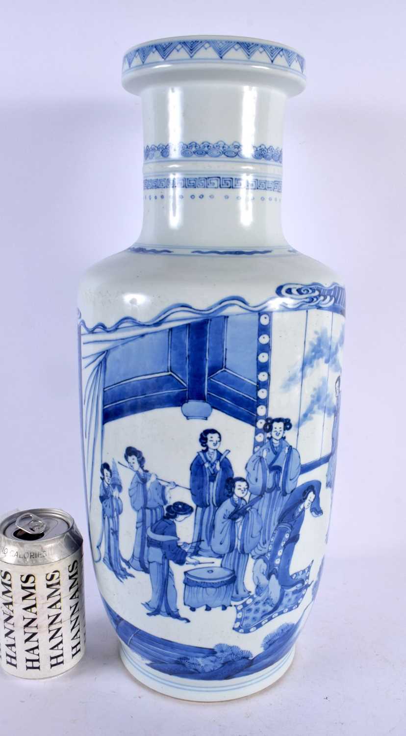 A LARGE CHINESE BLUE AND WHITE PORCELAIN ROULEAU VASE probably 19th century, painted with figures in
