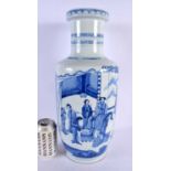 A LARGE CHINESE BLUE AND WHITE PORCELAIN ROULEAU VASE probably 19th century, painted with figures in