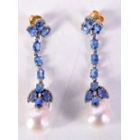 A PAIR OF DIAMOND SAPPHIRE AND PEARL EARRINGS. 20.2 grams. 7 cm x 1.5 cm.