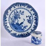 AN 18TH CENTURY CHINESE EXPORT BLUE AND WHITE PLATE together with a lidded box. Largest 22 cm