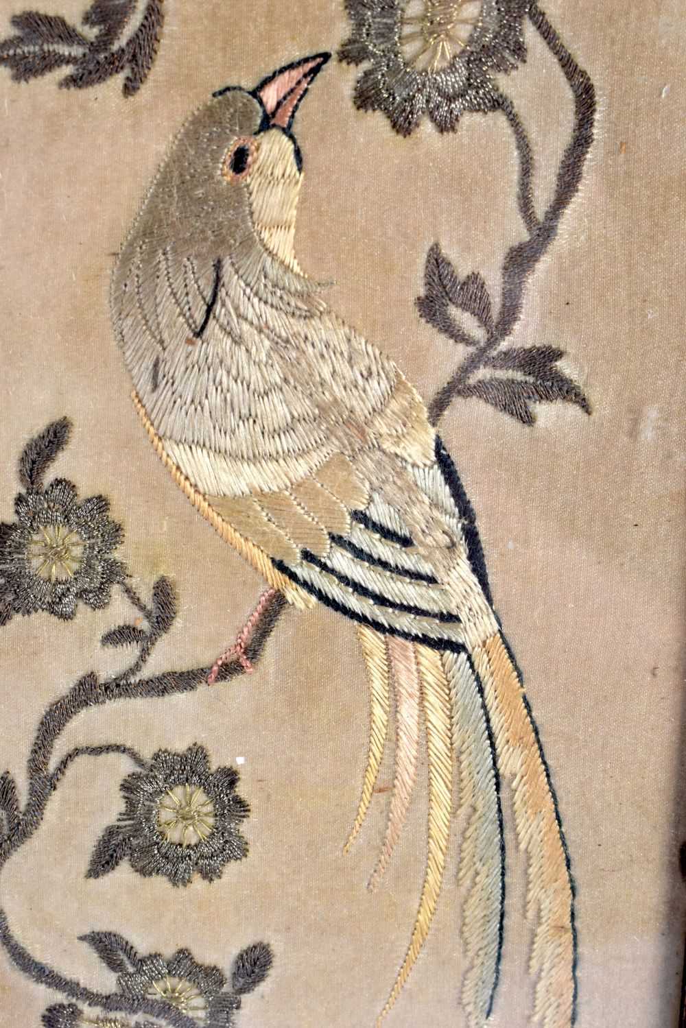 TWO 19TH CENTURY CHINESE SILK EMBROIDERED PANELS depicting birds and figures. Largest 50 cm x 10 cm. - Image 5 of 6