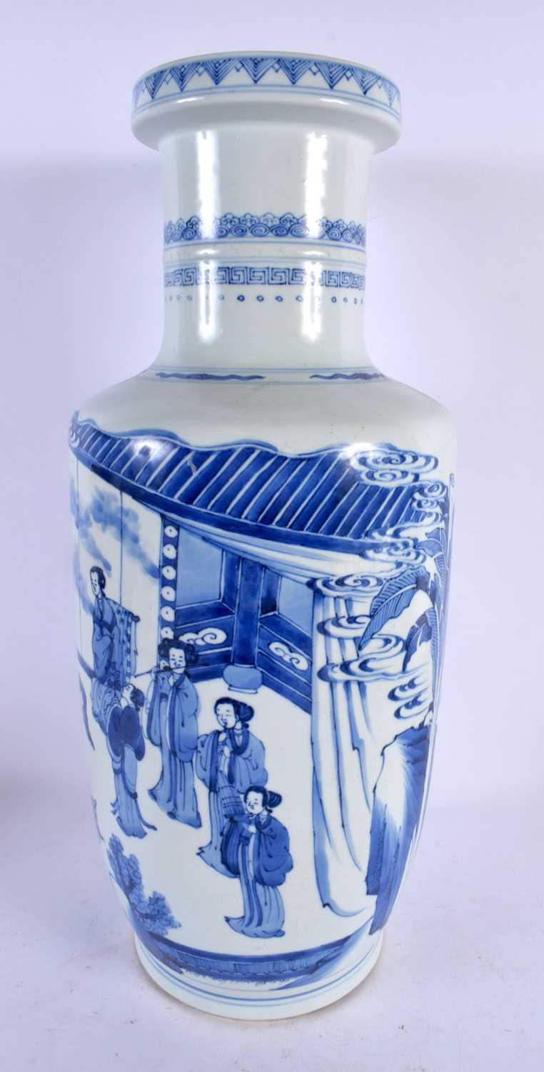 A LARGE CHINESE BLUE AND WHITE PORCELAIN ROULEAU VASE probably 19th century, painted with figures in - Image 2 of 5