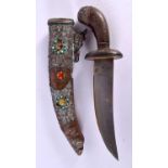 AN EARLY 20TH CENTURY CHINESE TIBETAN JEWELLED COPPER DAGGER decorated with foliage. 32 cm long.
