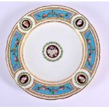 19th century Minton plate painted with four classical busts, four turquoise panels with raised