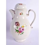 AN 18TH CENTURY VIENNA PORCELAIN COFFEE POT AND COVER painted with flowers. 21 cm x 12 cm.