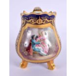 Sevres three footed cream jug painted with a watteauesque type scene, small interlaced L’s mark to