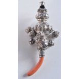 A VICTORIAN SILVER AND CORAL BABIES RATTLE. 56 grams. 12.5 cm x 4.5 cm.