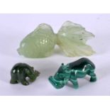 A CHINESE CARVED JADE FIGURE OF A FISH 20th Century, together with a malachite figure & another.
