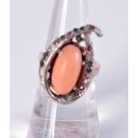 A 14CT GOLD CORAL AND MULTI STONE RING. 6.1 grams. K.