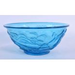 A 19TH CENTURY CHINESE PEKING BLUE GLASS BOWL Qing, decorated with figures. 16 cm diameter.