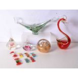 A collection of glassware, including a Murano glass bonbon dish. Largest 34cm (5).