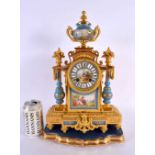 A LARGE 19TH CENTURY FRENCH GILT BRONZE SEVRES PORCELAIN MANTEL CLOCK painted with figures within