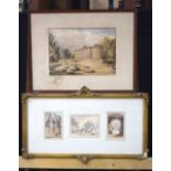 A framed trio of watercolours, together with a framed watercolour of a mansion. 34 x 45cm (2).