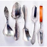 FIVE ANTIQUE SILVER CADDY SPOONS. 52 grams. (5)