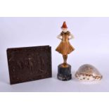 AN ANTIQUE DAGUERREOTYPE together with an art deco figure & a shell. Largest 16 cm high. (3)