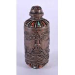 A 19TH CENTURY CHINESE SILVER CORAL AND TURQUOISE SNUFF BOTTLE Qing. 46 grams. 8 cm x 3 cm.