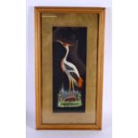 AN UNUSUAL ANTIQUE CONTINENTAL FEATHER WORK GOUACHE PAINTING depicting a stork within a landscape.