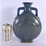 A LARGE 19TH CENTURY CHINESE TWIN HANDLED BLUE GLAZED PILGRIM FLASK bearing Qianlong marks to