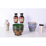 A pair of Chokin art 24 kt decorated vases together with a German Salt glazed vase etc 16 cm. (5).