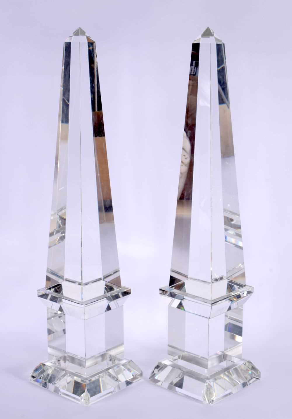 A LARGE PAIR OF 19TH CENTURY CONTINENTAL ROCK CRYSTAL OR GLASS OBELISKS of angular form. 56 cm - Image 2 of 3