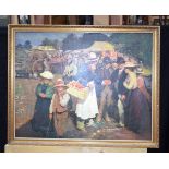 A framed oil on canvas signed by 'L.Right' depicting a Victorian market scene. 54 x 70cm.