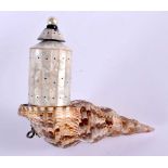 A TURKISH OTTOMAN CONCH AND MOTHER OF PEARL POWDER FLASK. 21 cm x 18 cm.
