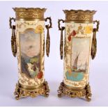 A PAIR OF 19TH CENTURY FRENCH AESTHETIC MOVEMENT PORCELAIN VASES mounted in Japanese inspired