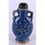 A 19TH CENTURY CHINESE TWIN HANDLED POTTERY SNUFF BOTTLE Qing, decorated with foliage. 8 cm x 4.5