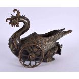 A RARE 19TH CENTURY JAPANESE MEIJI PERIOD BRONZE CHARIOT INCENSE BURNER modelled as a bird. 15 cm